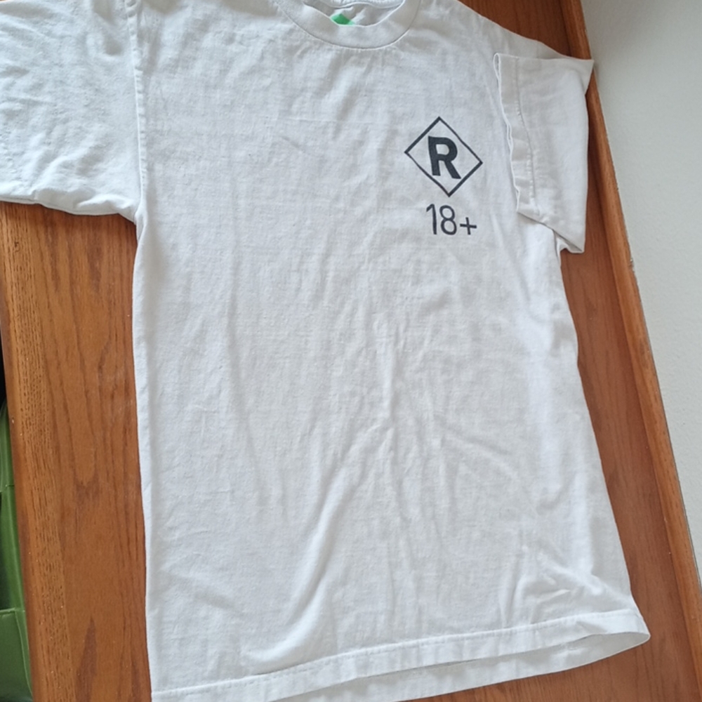 White rated r shirt